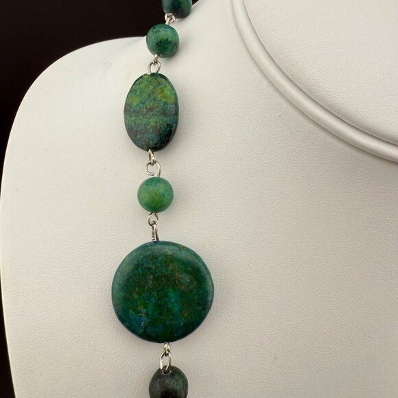 Green & Blue Stone Beaded Necklace With Lobster Clasp Handmade Gemstone Jewelry - Picture 3 of 7
